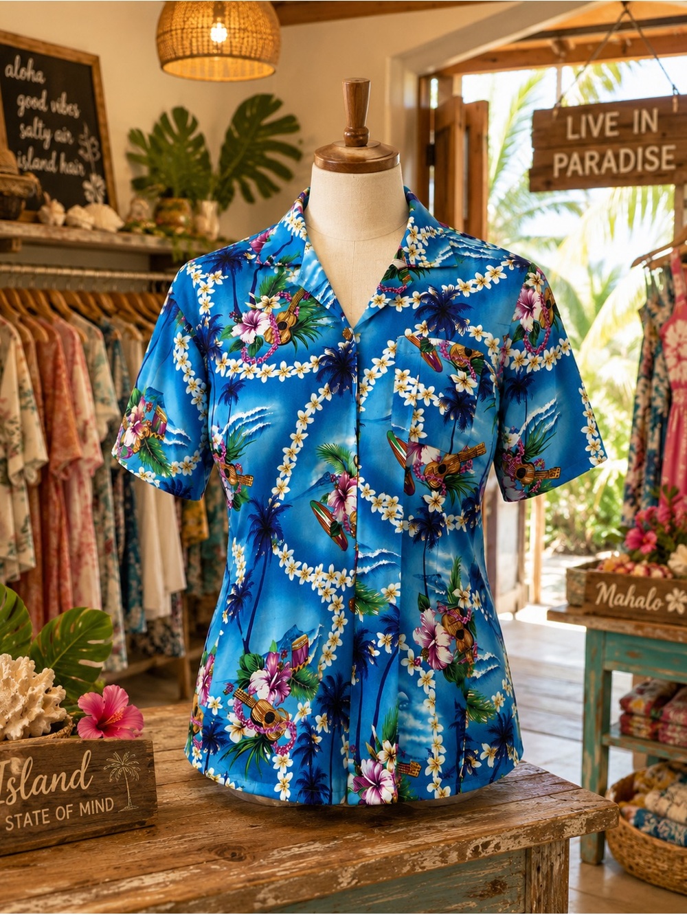 Women’s Blue Tropical Hawaiian Button-Up Shirt